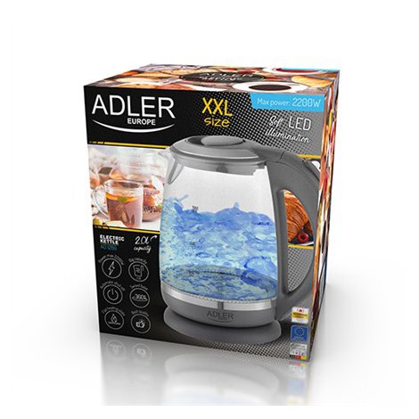 Adler | Kettle | AD 1286 | Standard | 2200 W | 2 L | Plastic/Glass | 360° rotational base | Grey/ transparent - 4